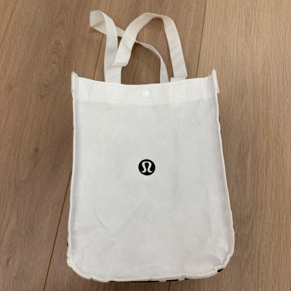 Lululemon Reusable Shopping Tote Bag White Black Small Snap Closure Eco Friendly